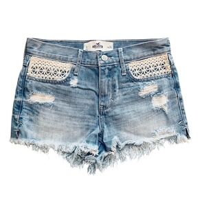 Hollister Denim Shorts Distressed Crochet Pockets Frayed Hem Juniors‎ Size 0